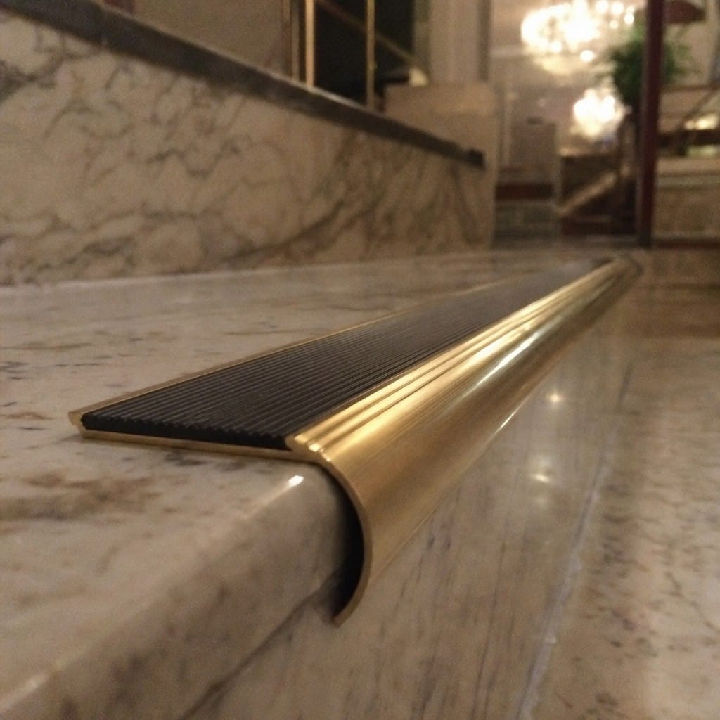 Customer photo review of Solid Brass Raked Back Stair Nosing Cut to Any Size