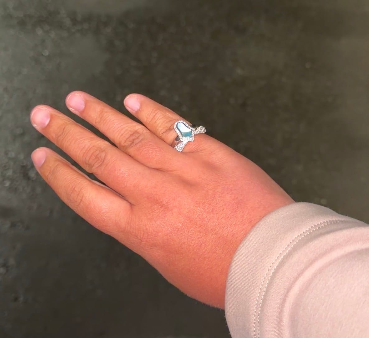 Customer photo review of Steppe Tulip Signet Ring | Light Blue Mother of Pearl