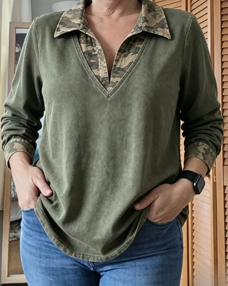 Customer photo review of V Neck Camo Trim Rolled Cuff Top
