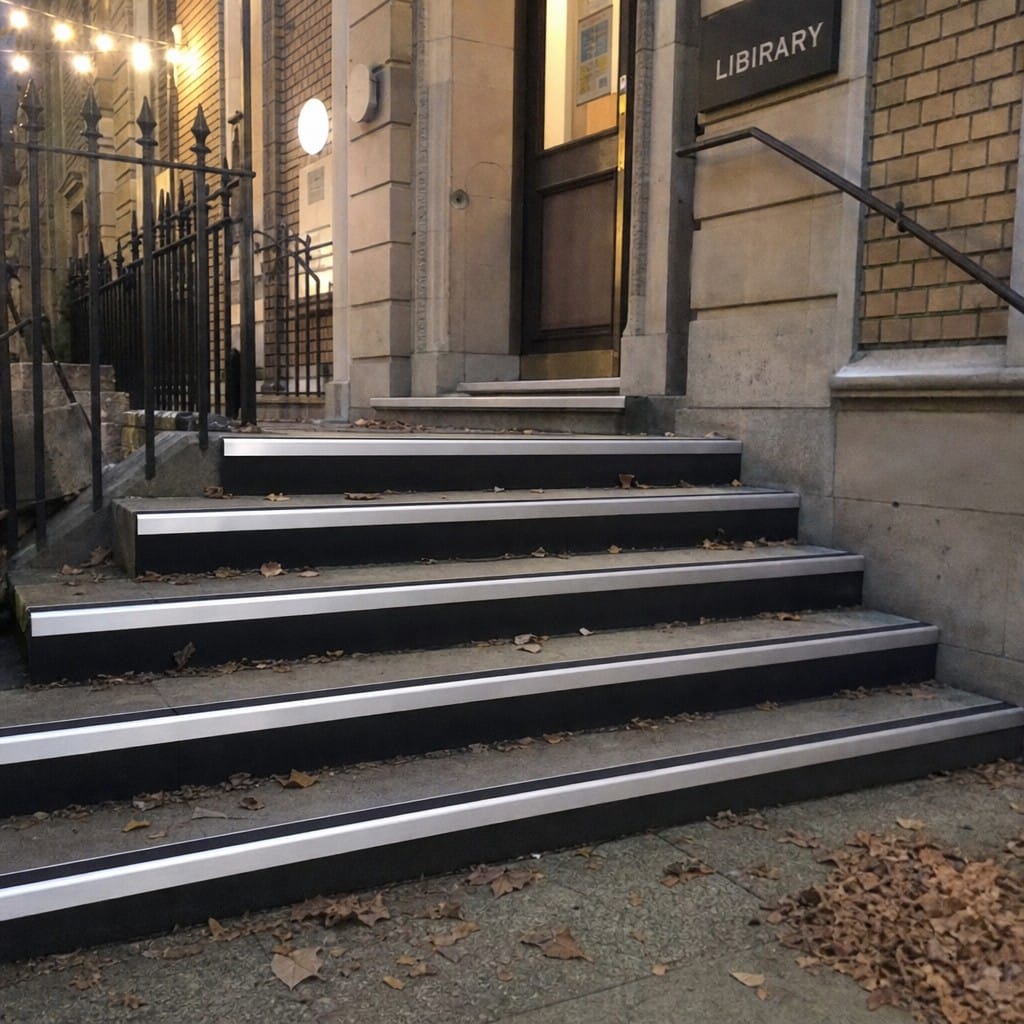 Customer photo review of Heavy Duty Rake Back Aluminium Stair Nosing 2.75m, 62 x 56mm, DDA Single Insert