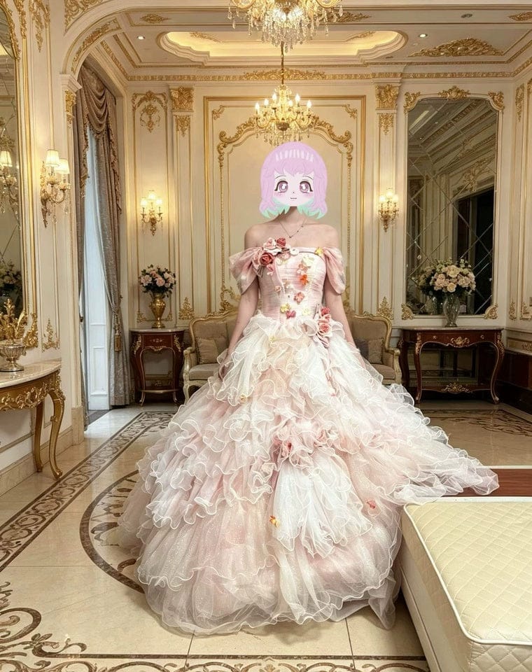 Customer photo review of Pink Fairytale Layered Tulle Ruffle Dress with Floral Appliqué – Floral Evening Dress with Corset Back and Bow Detail Plus Size
