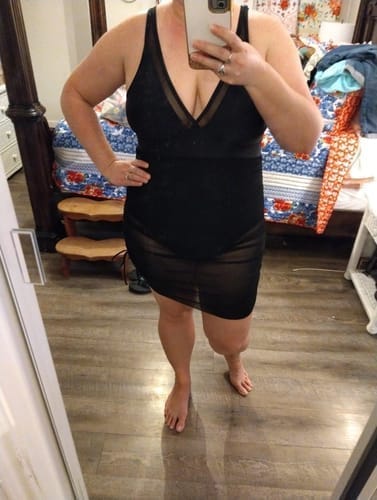 Customer photo review of Emoswim - Damen Badekleid Bauchweg Badeanzüge Schlankmachendes Transparentes Mesh Sarong-Wickelrock Bademode