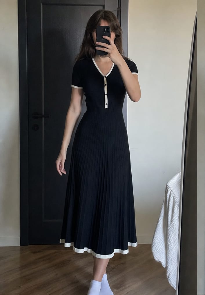 Customer photo review of Contrast Knit Sweater Midi Dress With Cozy A-Line Fit