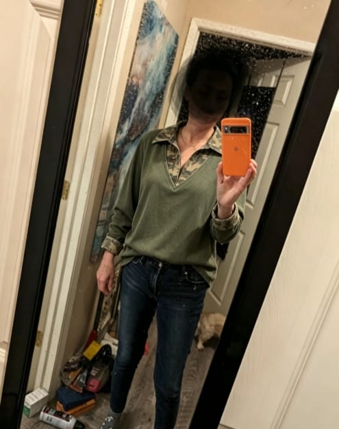 Customer photo review of V Neck Camo Trim Rolled Cuff Top