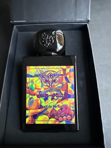 Customer's Lorenzo Pazzaglia Sun Gria perfume bottle displayed inside its elegant black gift box.
