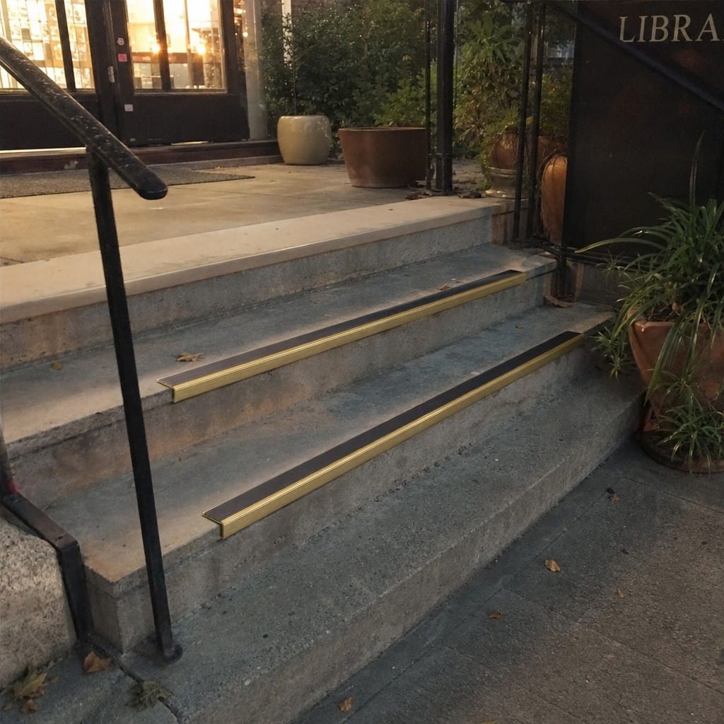 Customer photo review of Solid Brass Stair Nosing with Anti-Slip Insert Cut to Any Size