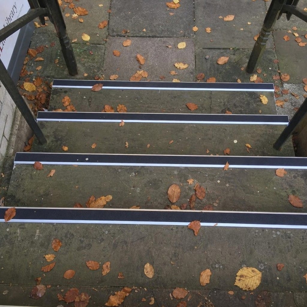 Customer photo review of Heavy Duty Rake Back Aluminium Stair Nosing 2.75m, 62 x 56mm, DDA Single Insert