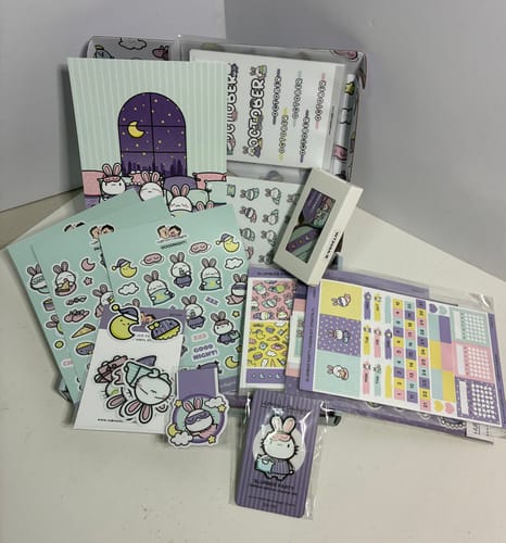 Customer's Ultimate Subscription box filled with Slumber Party themed sticker sheets, washi tape, and planner items.