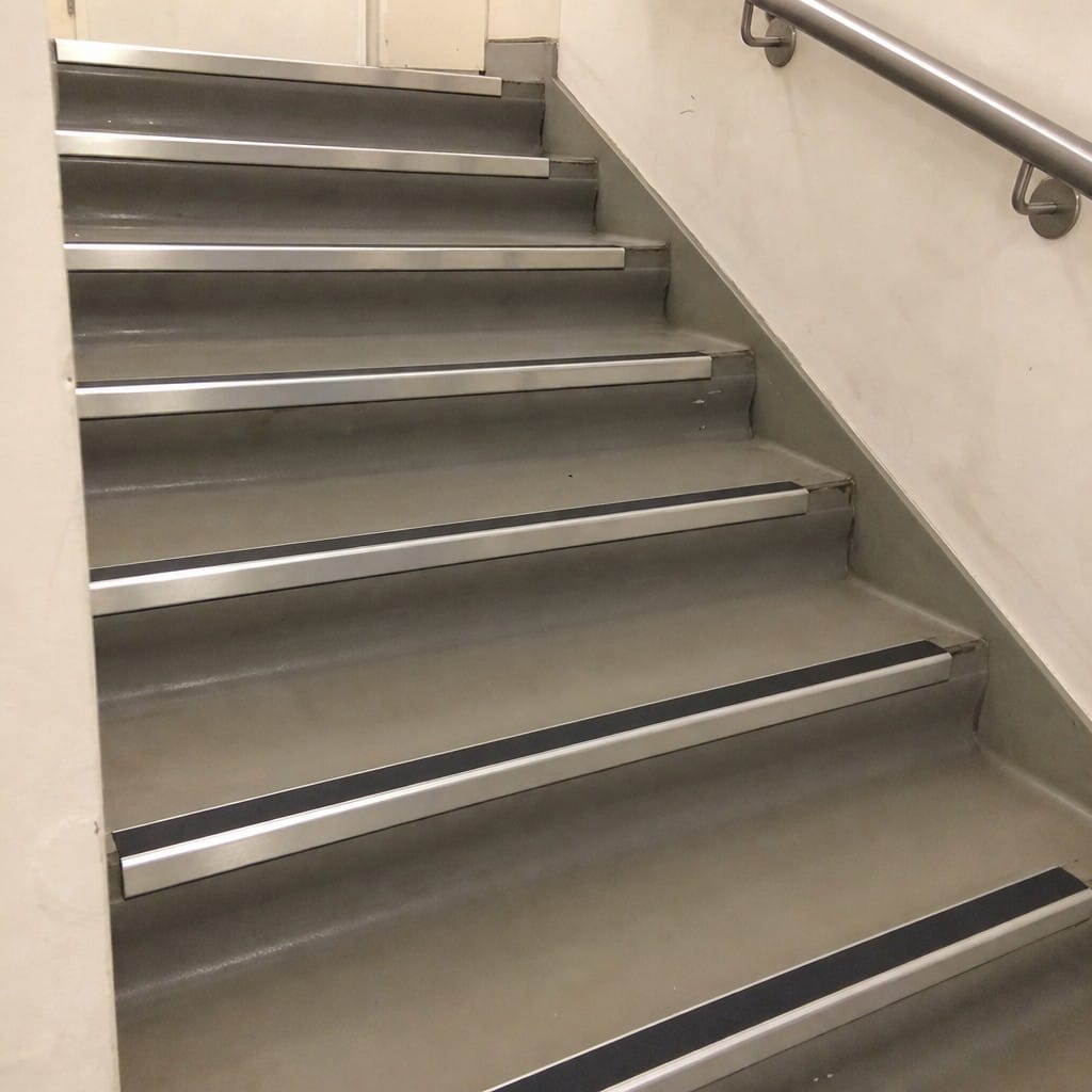 Customer photo review of Heavy Duty Rake Back Aluminium Stair Nosing 3.22m, 62 x 56mm, DDA Single Insert