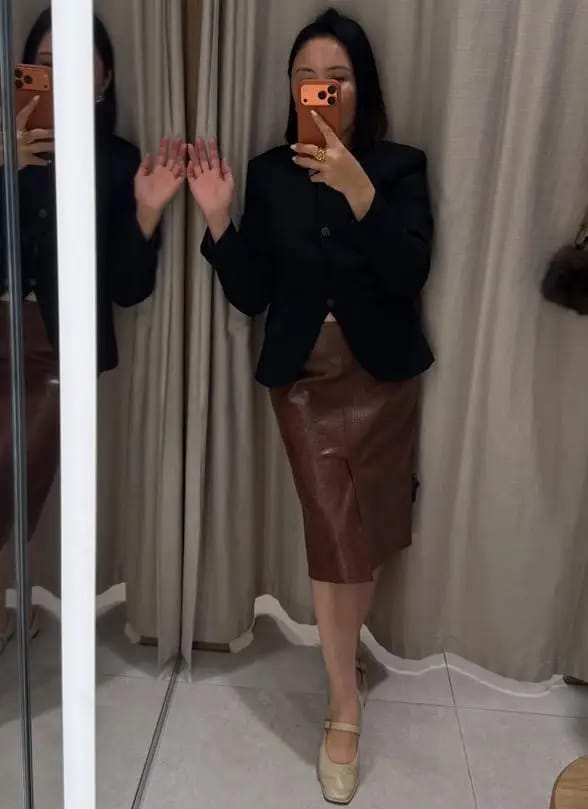 Customer photo review of Sandra Croc Embossed Faux Leather Jacket