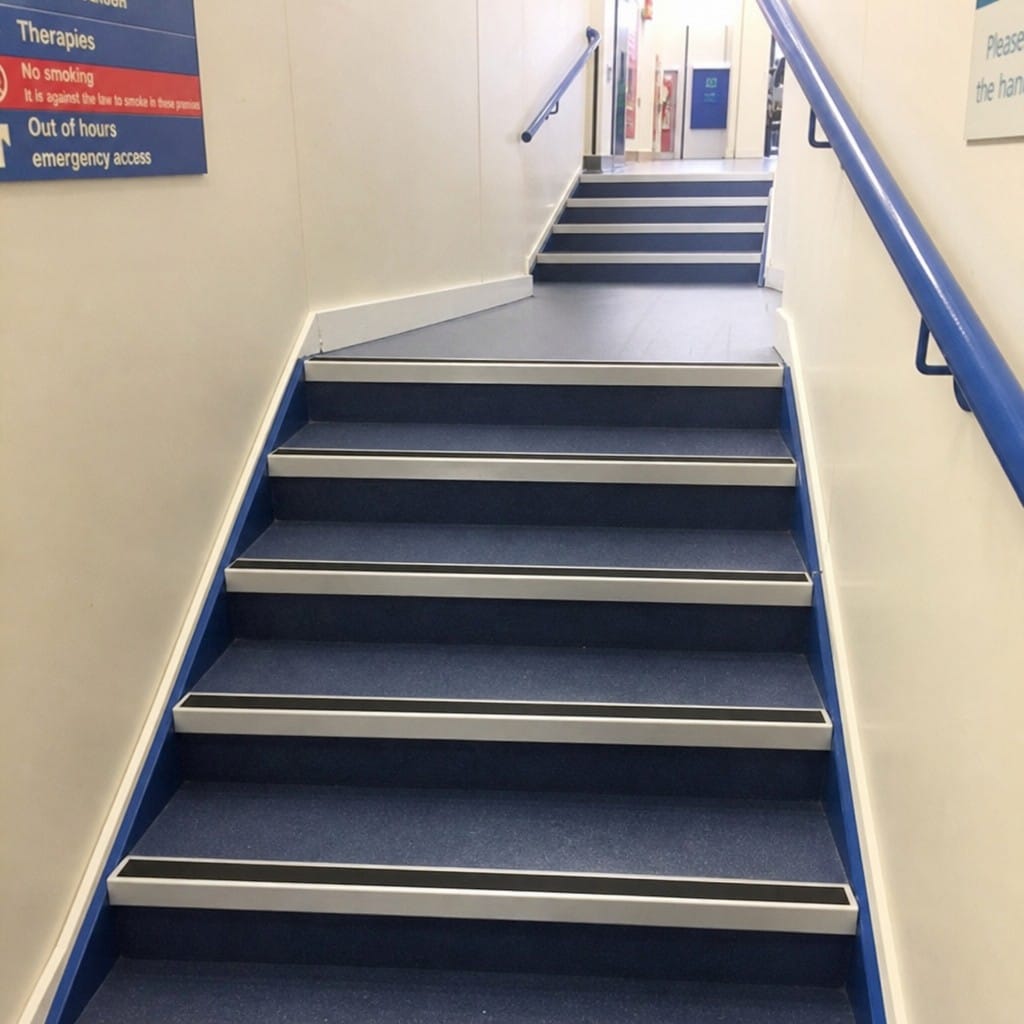 Customer photo review of Heavy Duty Rake Back Aluminium Stair Nosing 2.44m, 62 x 56mm, DDA Single Insert