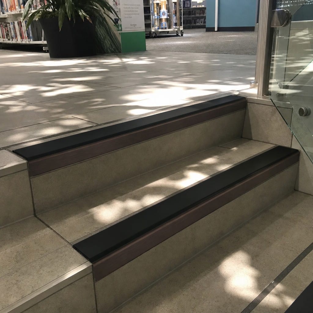 Customer photo review of Black, Bronze & Mirror Aluminium Stair Nosing 70x56mm Square Edge, DDA Riser