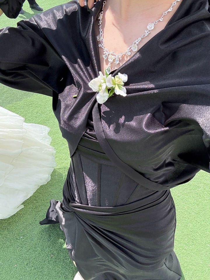 Customer photo review of Steel Blue Silk Evening Dress - Corset Back Wedding Dress with Off-the-Shoulder Design Plus Size