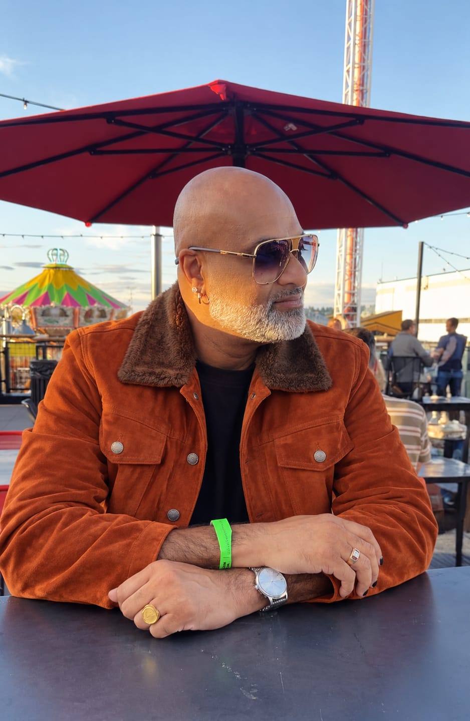 Customer photo review of Satanic Ginger Orange Shearling Suede Leather Trucker Jacket