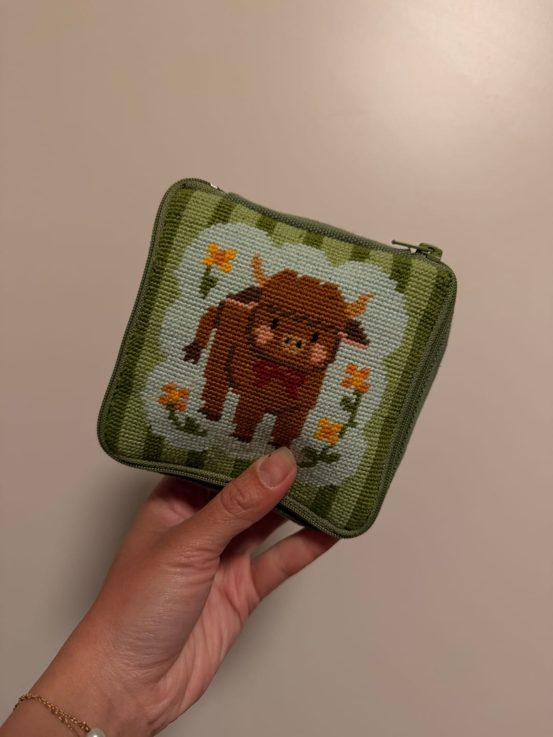 Customer photo review of HIGHLAND COW - Needlepoint Pouch Kit