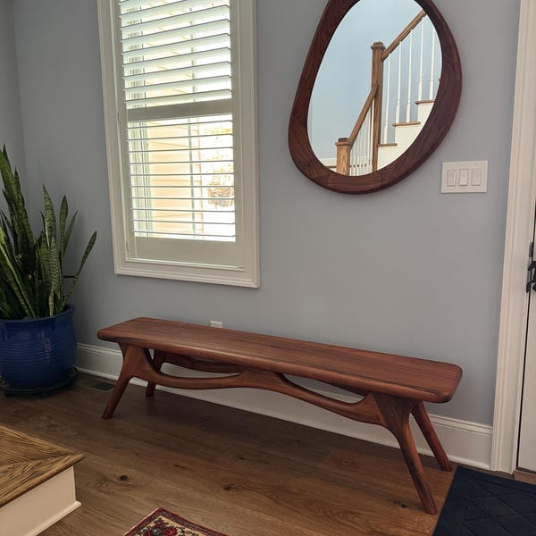 Customer photo review of Walnut Sculptural Wood Bench – Rove