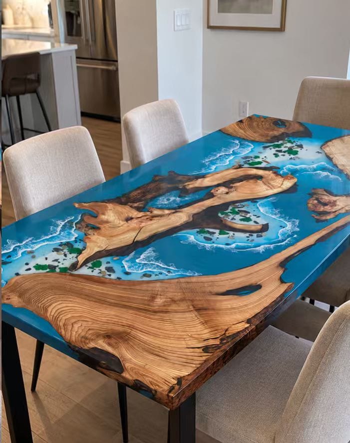 Customer photo review of Black Walnut with Blue Wave Epoxy Resin Dining Table