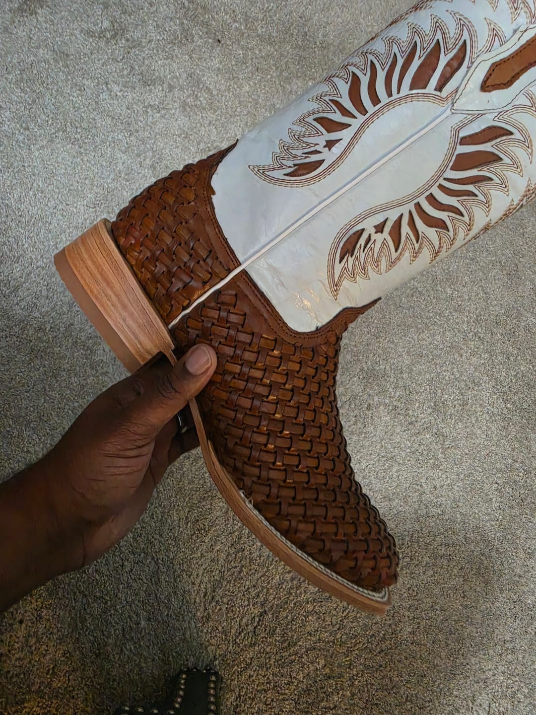 Customer photo review of Tan Basketweave Leather Boots - Square Toe