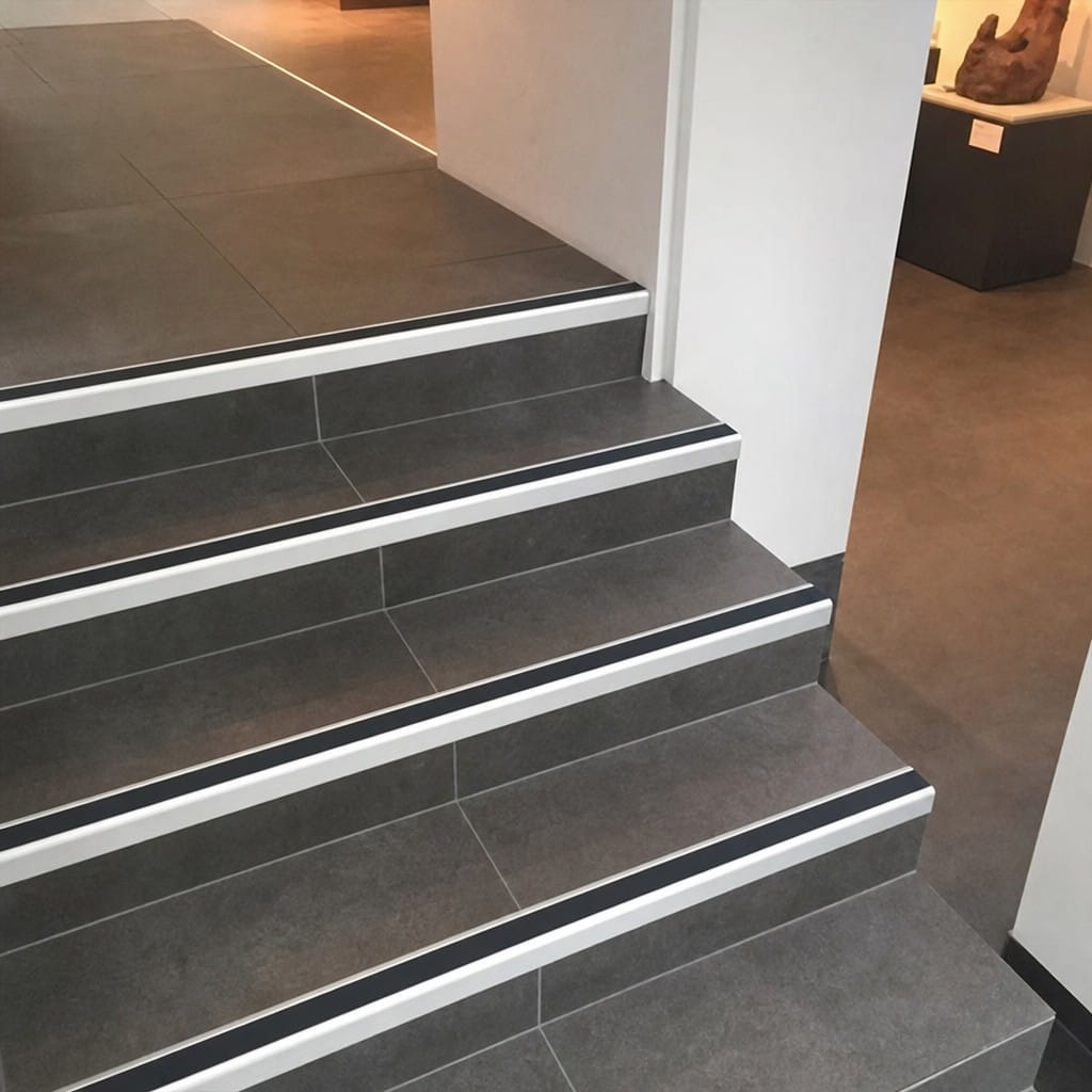 Customer photo review of Heavy Duty Rake Back Aluminium Stair Nosing 2.75m, 62 x 56mm, DDA Single Insert