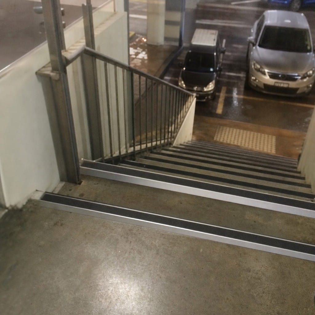 Customer photo review of Heavy Duty Rake Back Aluminium Stair Nosing 2.44m, 62 x 56mm, DDA Single Insert