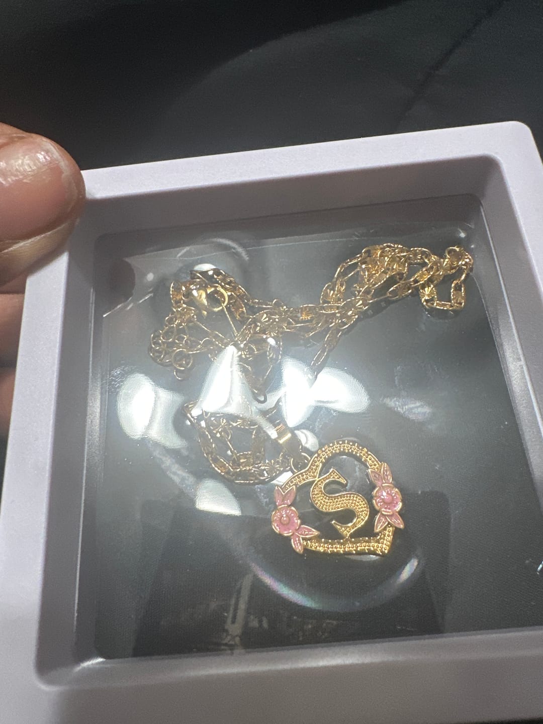 Customer photo review of Flower Initial Necklace w/ Clip Chain