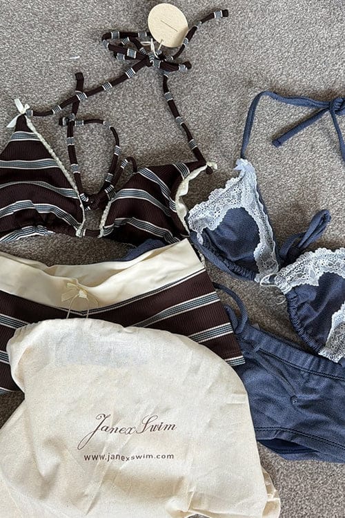 Customer photo review of Deep Blue Denim Lace Bowknot Halter Triangle Bikini Top & Low Rise Cheeky Boyshort Set