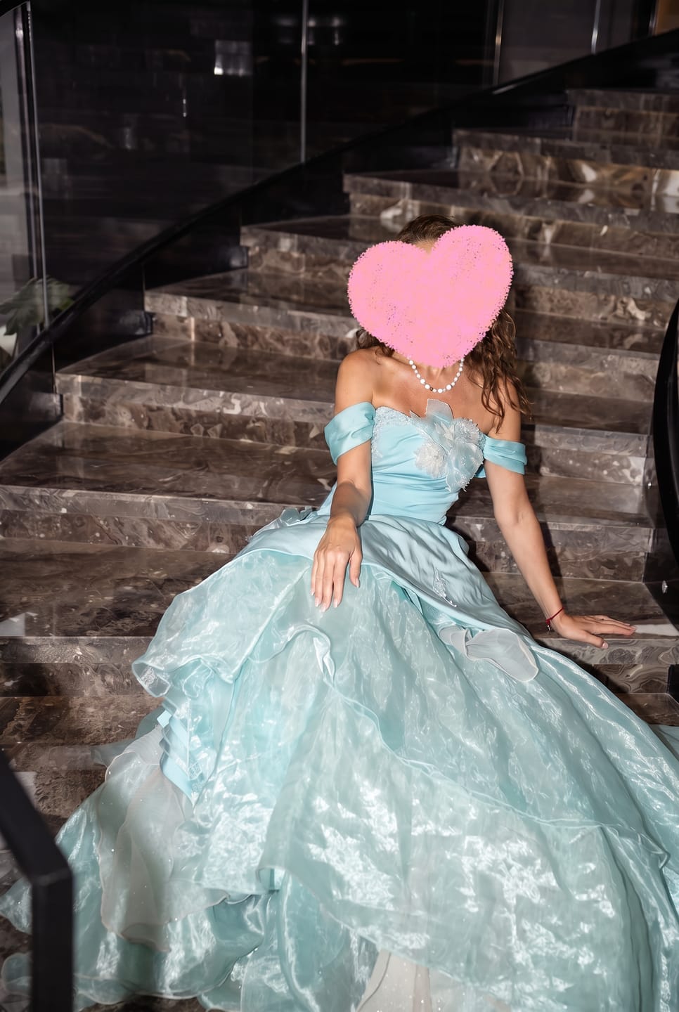 Customer photo review of Blue Ball Gown with Floral Appliqué – Strapless Layered Tulle Ruffle Dress with Lace-Up Back Plus Size
