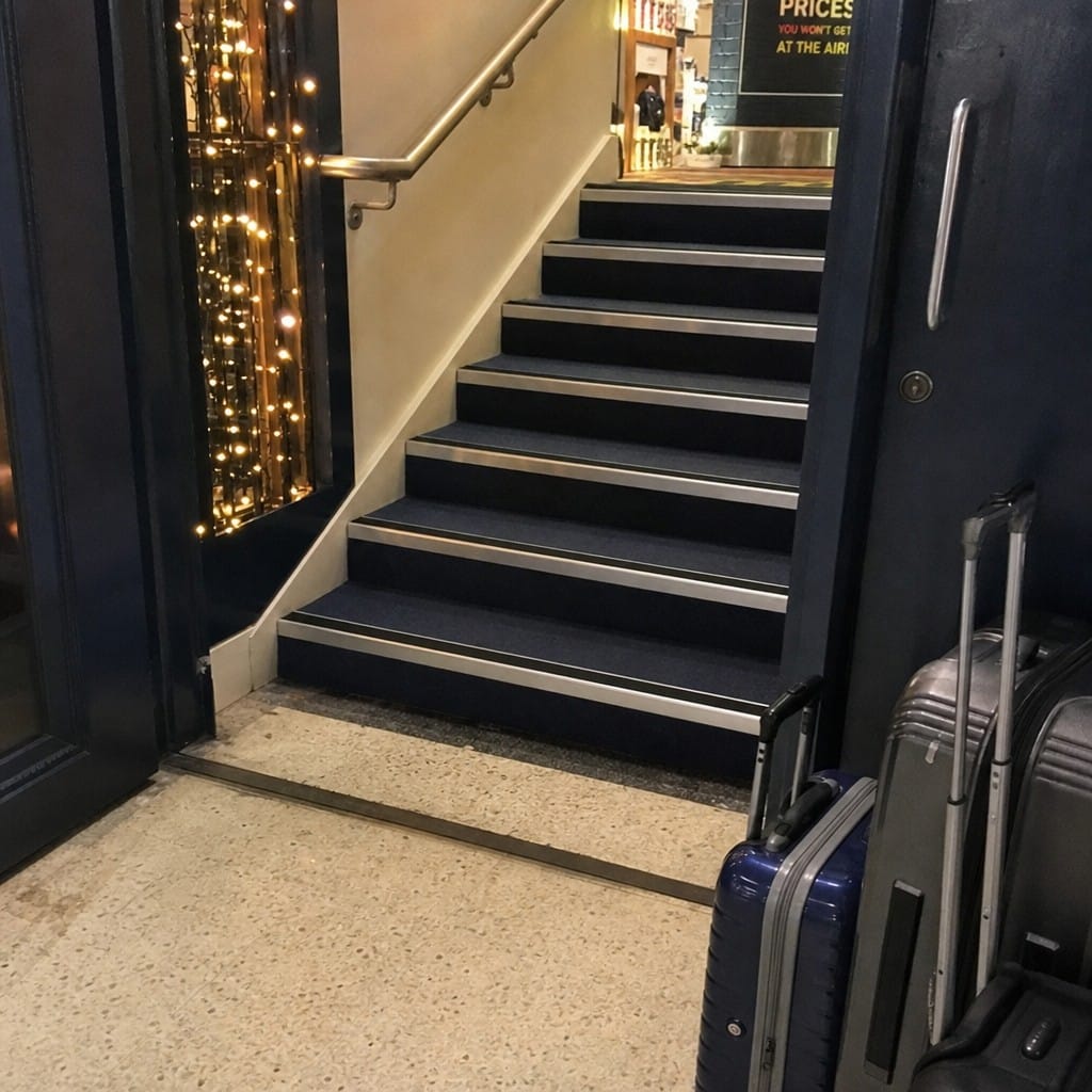 Customer photo review of Heavy Duty Rake Back Aluminium Stair Nosing 3.22m, 62 x 56mm, DDA Single Insert