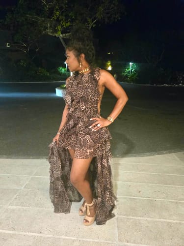 Reviewer's Chiffon Print Asymmetric Ruffle Dress in leopard print, side view showing the high-low hemline.