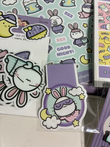 Reviewer's close-up of the Slumber Party Ultimate Subscription items, showing a magnetic bunny bookmark and stickers.