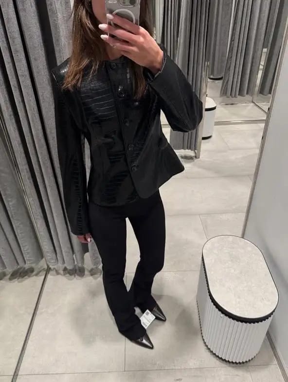 Customer photo review of Sandra Croc Embossed Faux Leather Jacket