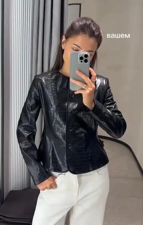Customer photo review of Sandra Croc Embossed Faux Leather Jacket