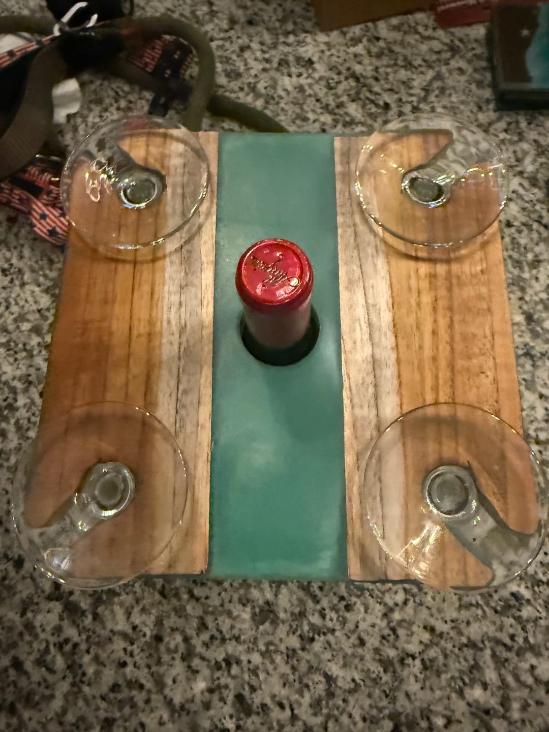 Customer photo review of 9x9" Four Glass Wine Caddy 3 Acrylic Router Template