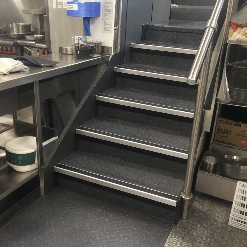 Customer photo review of Heavy Duty Rake Back Aluminium Stair Nosing 3.22m, 62 x 56mm, DDA Single Insert