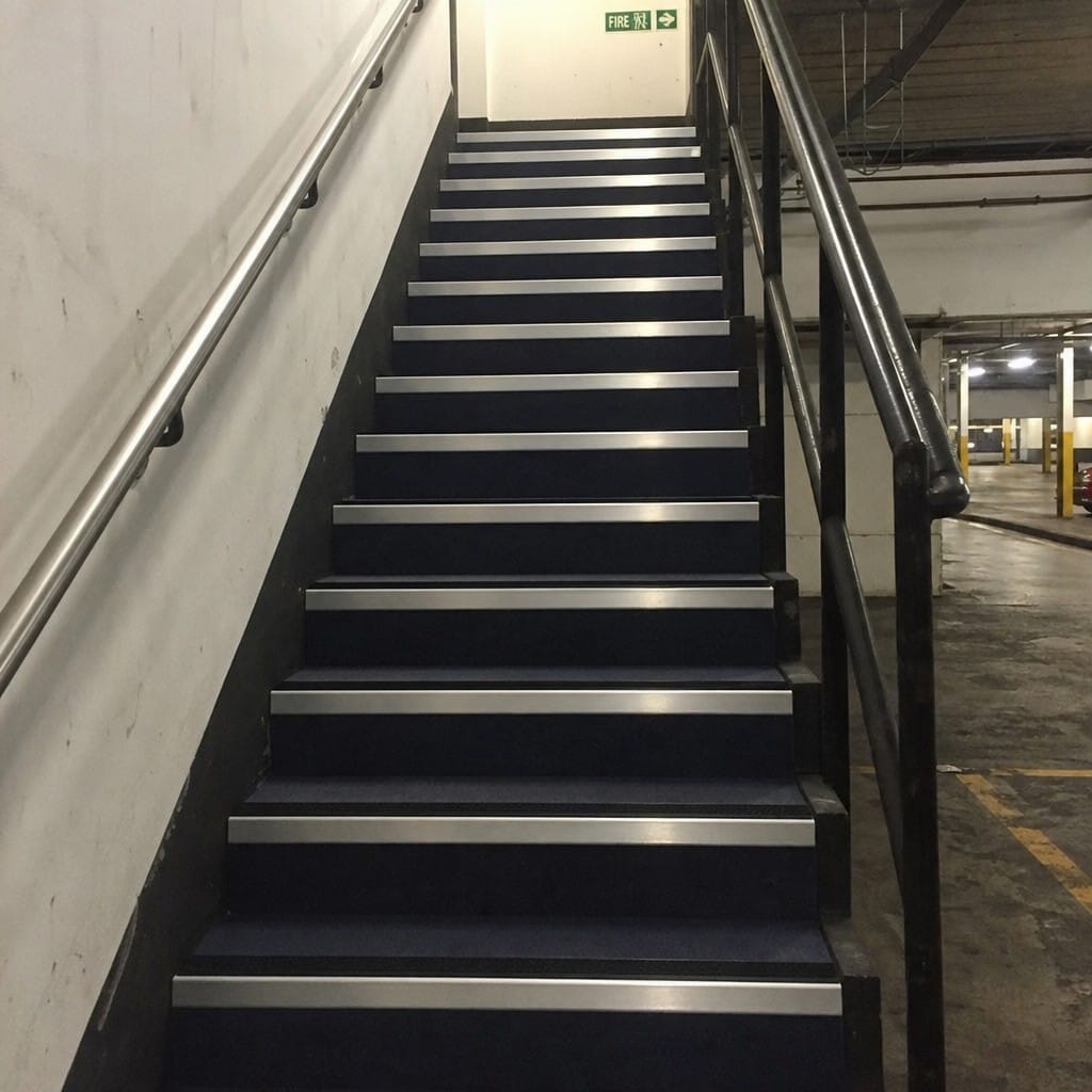 Customer photo review of Heavy Duty Rake Back Aluminium Stair Nosing 3.22m, 62 x 56mm, DDA Single Insert