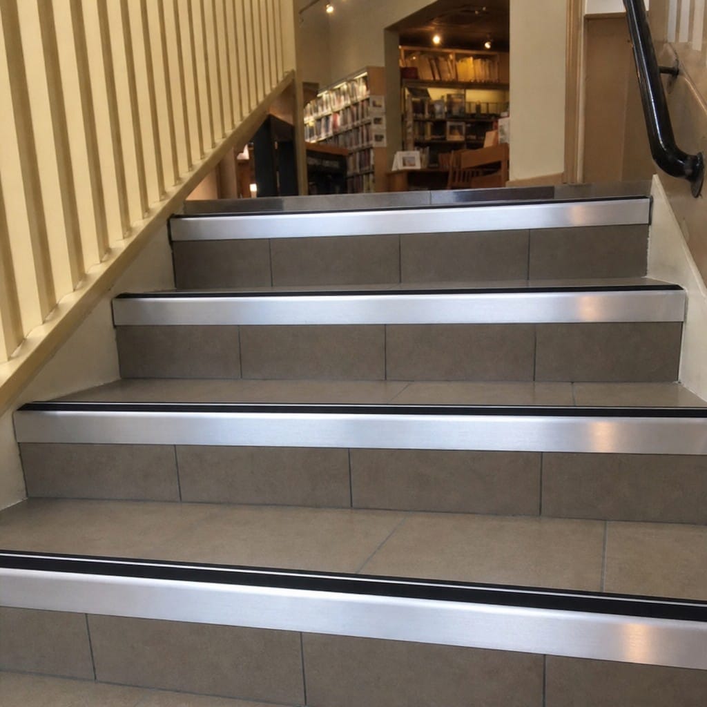 Customer photo review of Heavy Duty Rake Back Aluminium Stair Nosing 2.44m, 62 x 56mm, DDA Single Insert