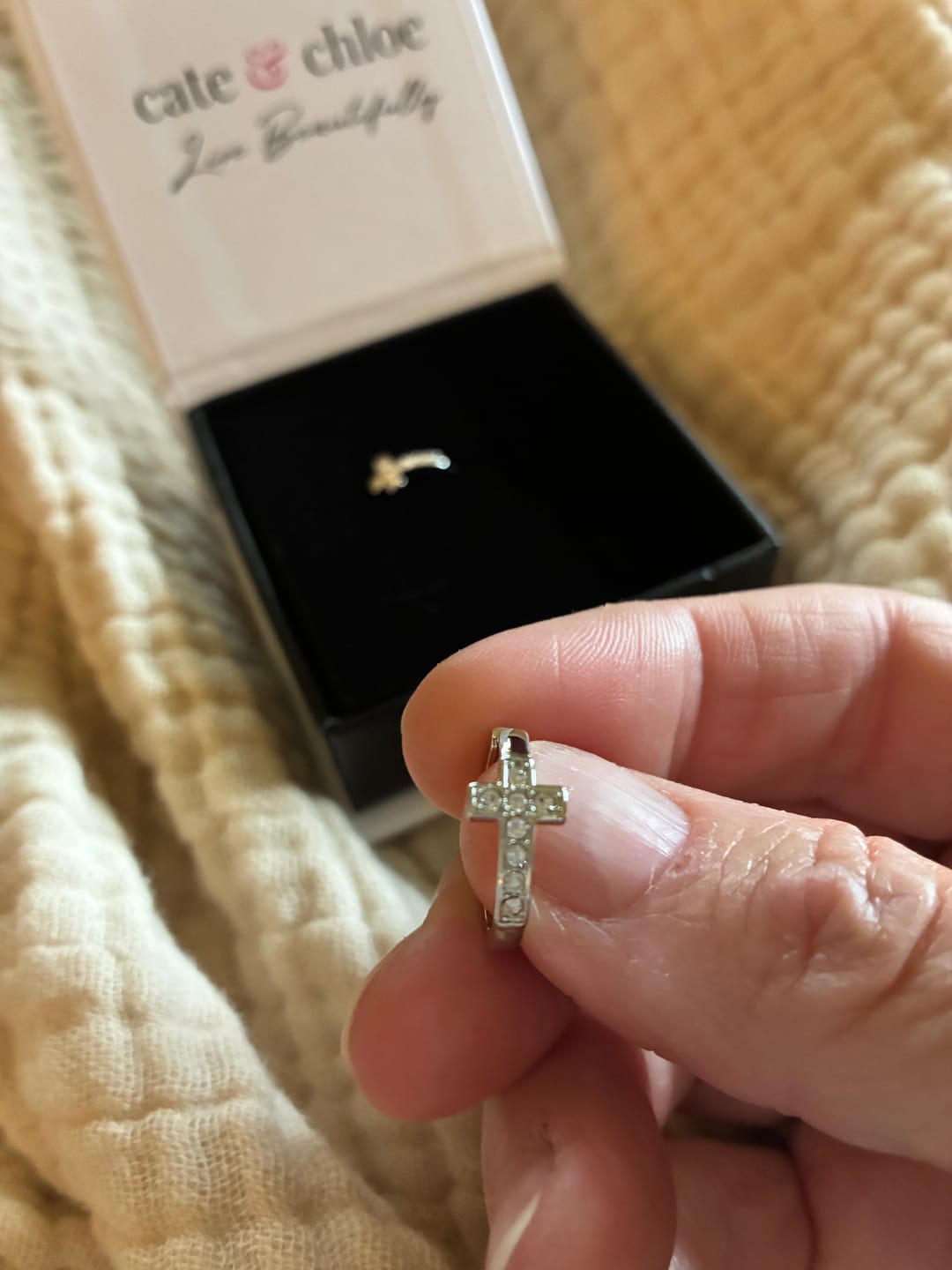Customer photo review of Danielle 18k White Gold Plated 18mm Hoop Cross Earrings with Swarovski Crystals