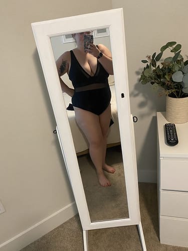 Customer photo review of Emoswim - Damen Große Größen Badeanzug V-Ausschnitt Transparentes Mesh Bauchweg Bademode