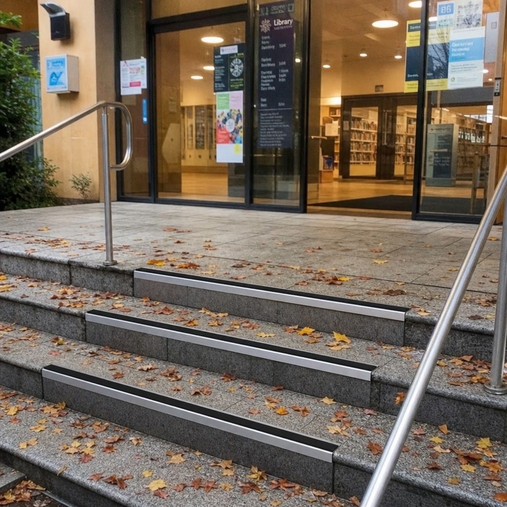 Customer photo review of Aluminium Stair Nosing 70x56mm Square Edge, DDA 56mm Riser, Anti-Slip Insert