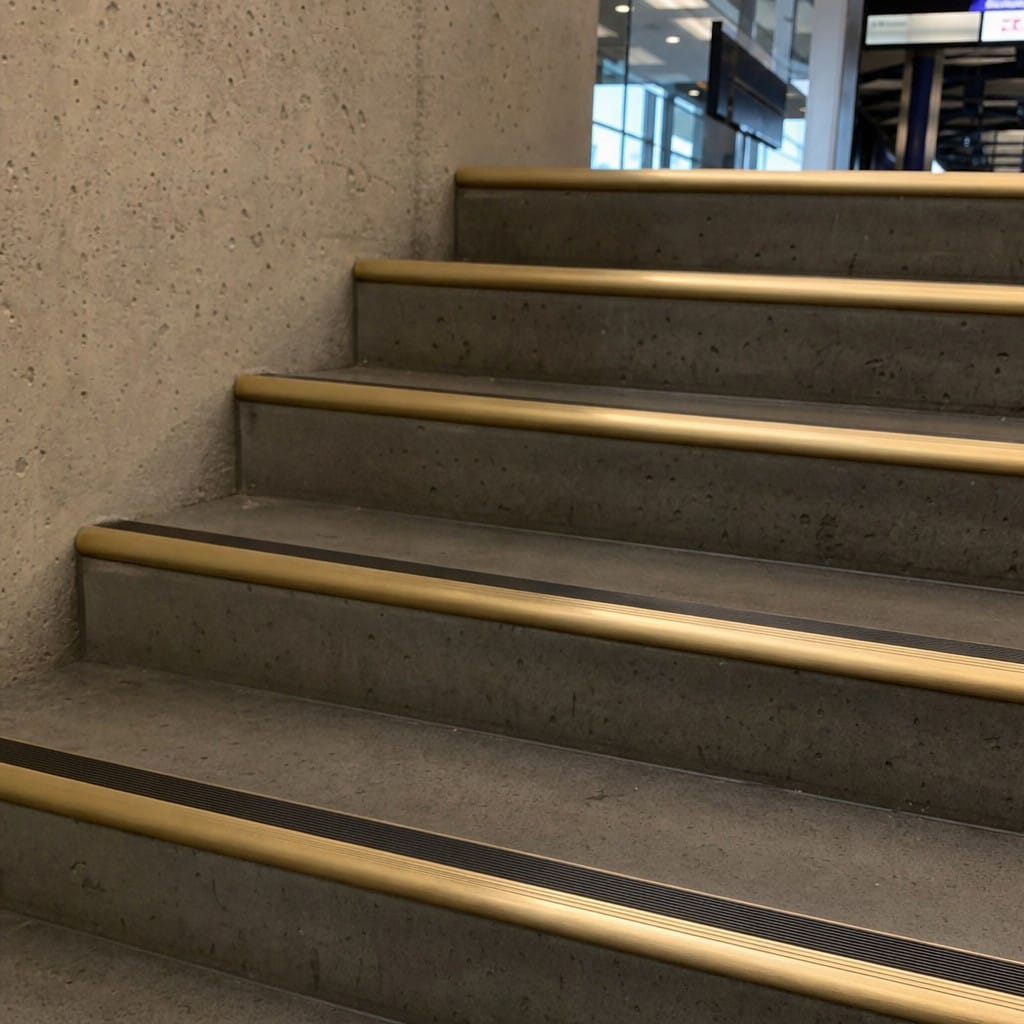 Customer photo review of Solid Brass Raked Back Stair Nosing Cut to Any Size