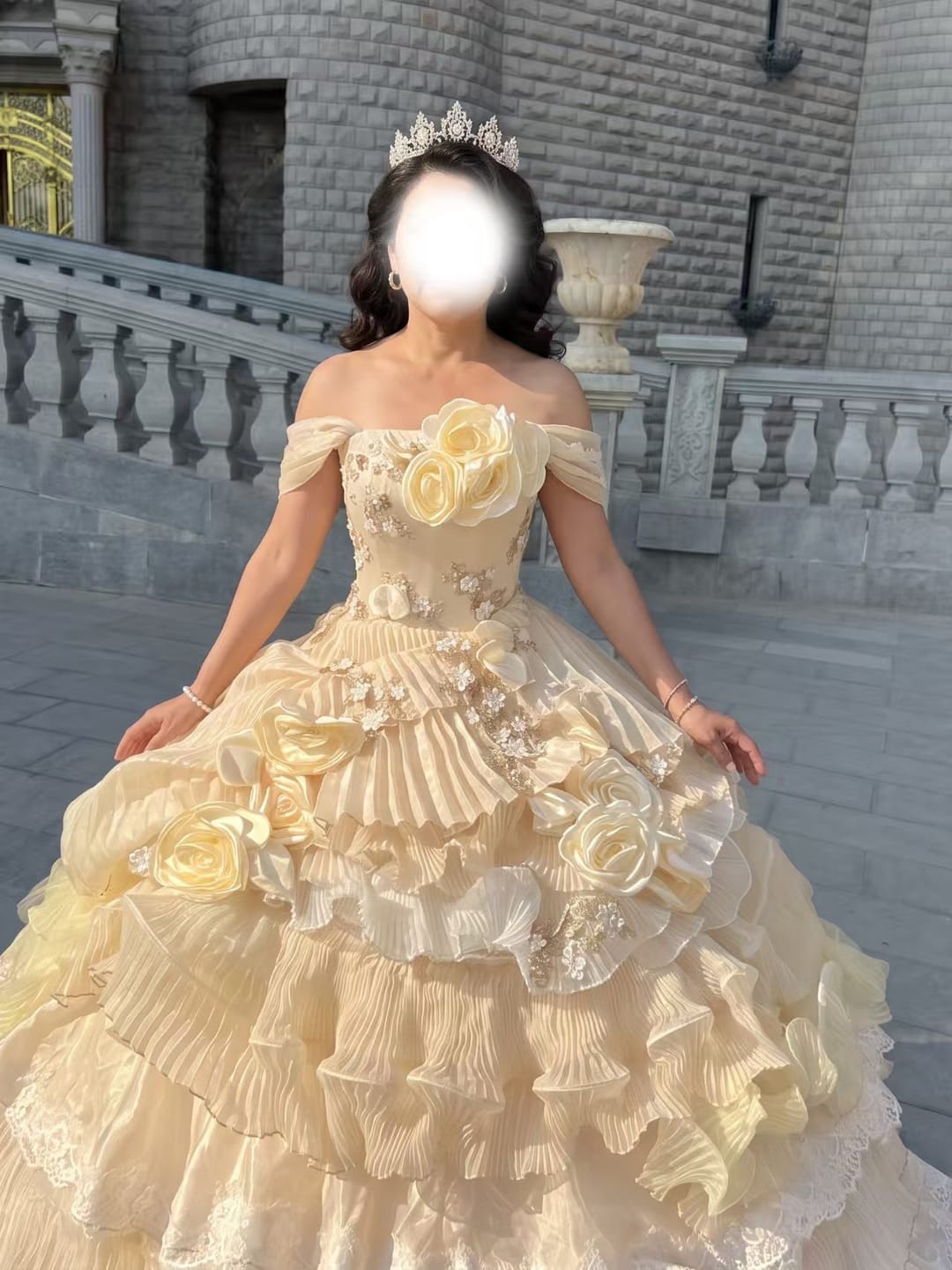 Customer photo review of Champagne Fairytale Layered Tulle Ruffle Dress with Floral Appliqué – Off the Shoulder Evening Dress with Corset Back Plus Size