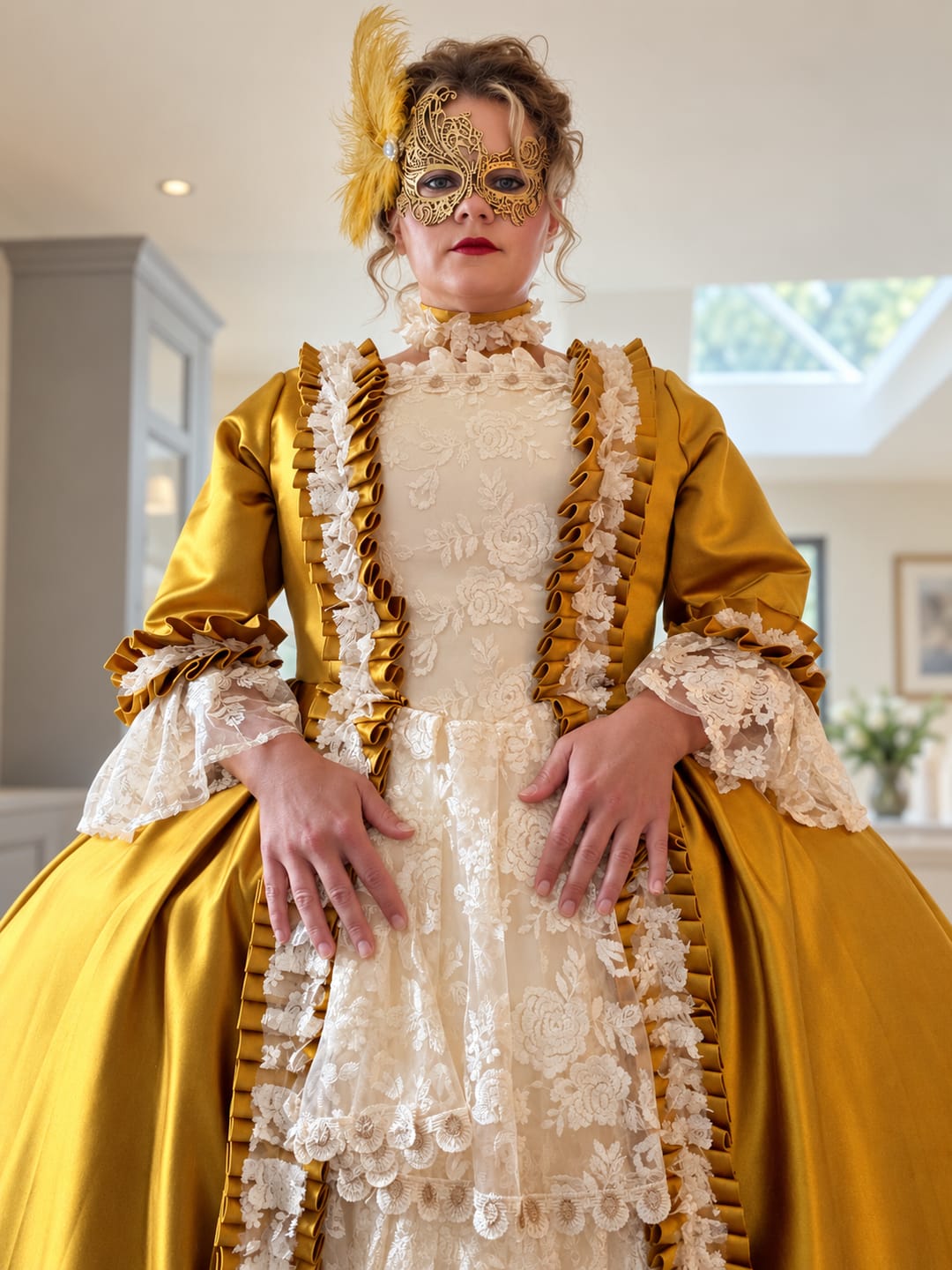 Customer photo review of Golden Rococo Court Gown – Vintage Gold Satin Dress with Lace Ruffles and Pannier Silhouette