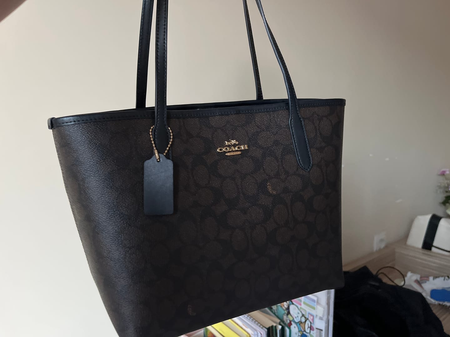 Customer photo review of Coch Medium City Tote Bag In Signature  -  Gold/Walnut/Black