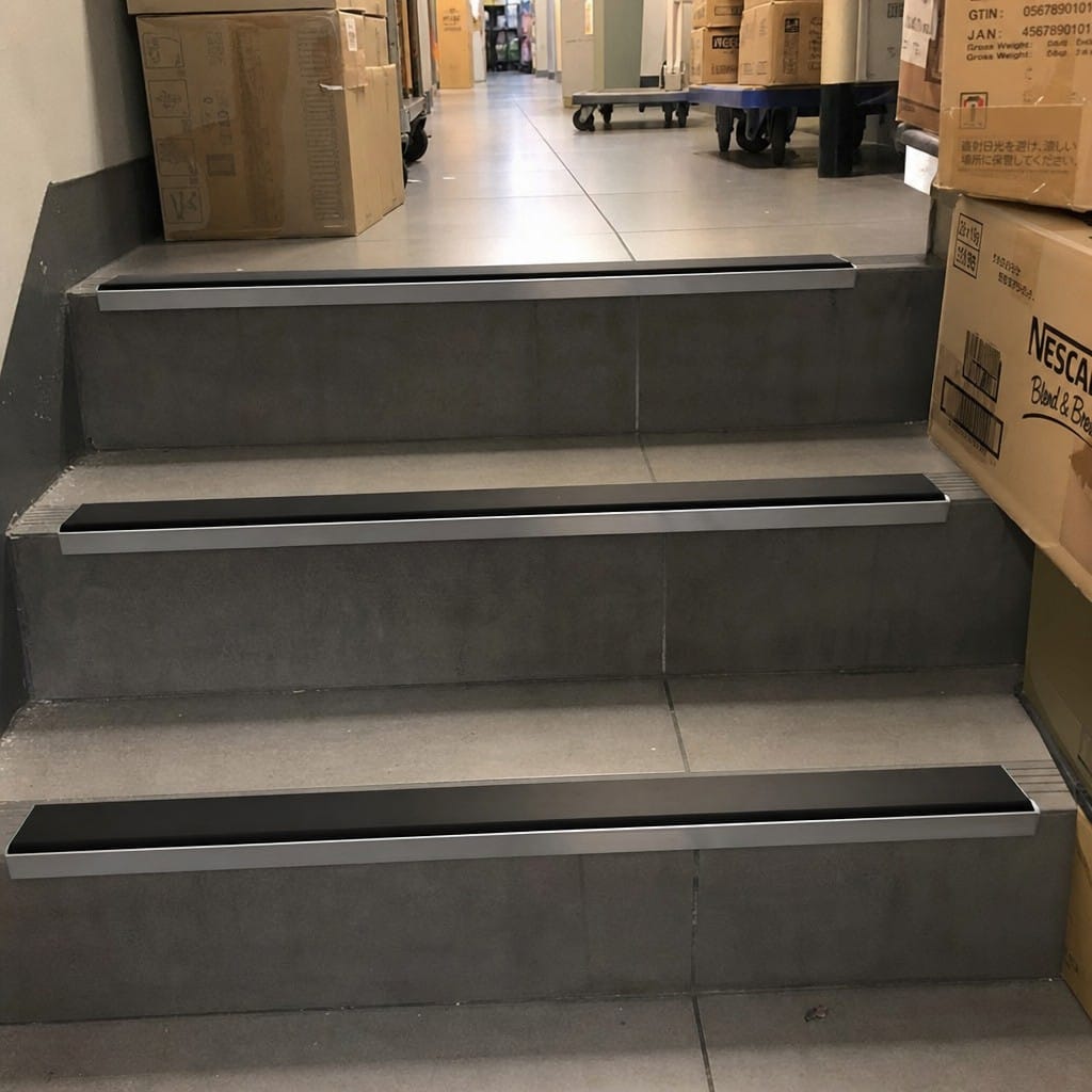 Customer photo review of Black, Bronze & Mirror Aluminium Stair Nosing 70x32mm Square Edge, Single Anti-Slip Insert