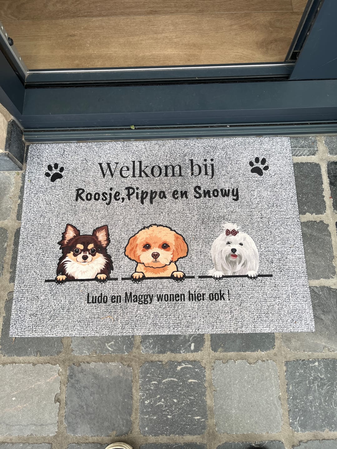 Customer photo review of Welkom bij - Gepersonaliseerde huisdier deurmat