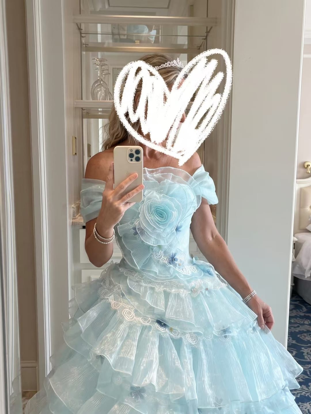 Customer photo review of Light Blue Lace Ball Gown Wedding Dress with Floral Appliqué and Layered Ruffle Tulle Skirt Plus Size