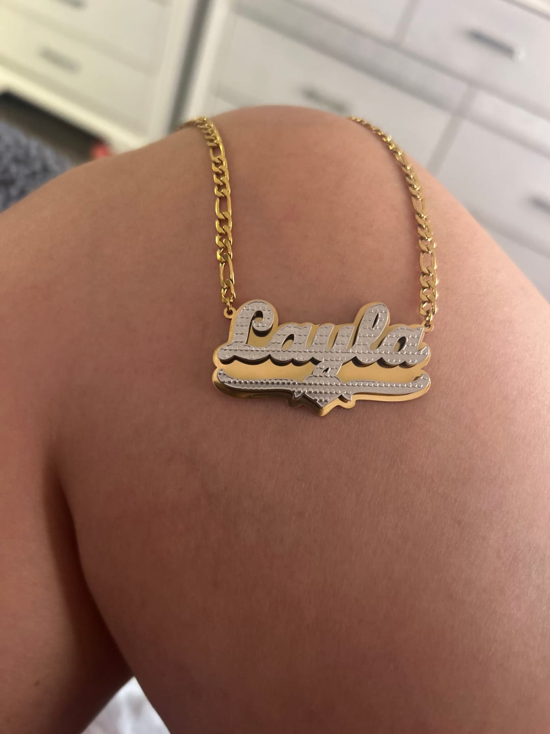 Customer photo review of Kids Double Plated Pop Out Heart Name Necklace w/ Figaro Chain