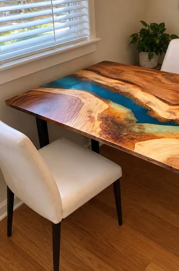 Customer photo review of Walnut Wood Blue Lagoon Epoxy Resin Coffee Table