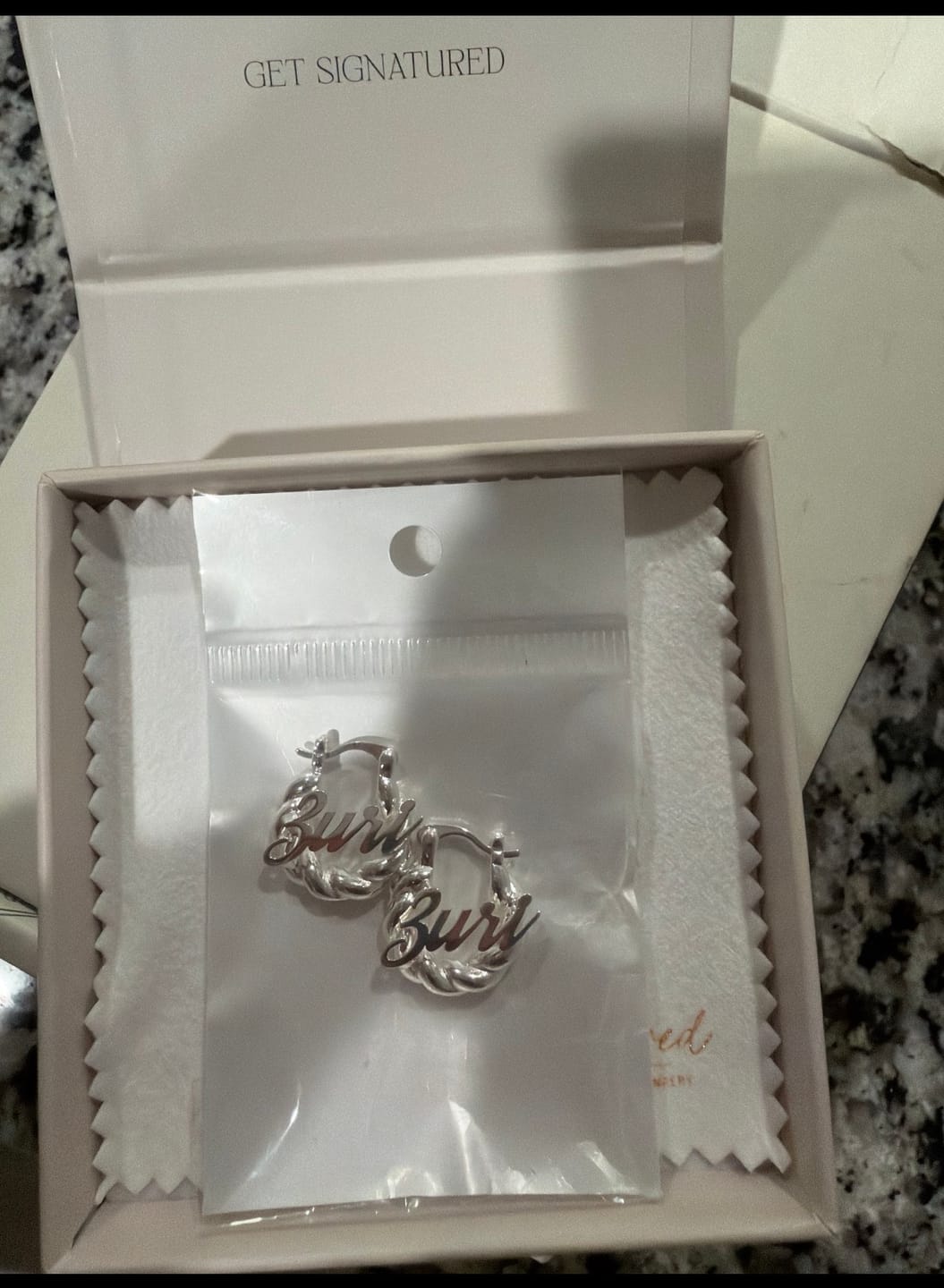 Customer photo review of Girl's Twisted Hoop Name Earrings