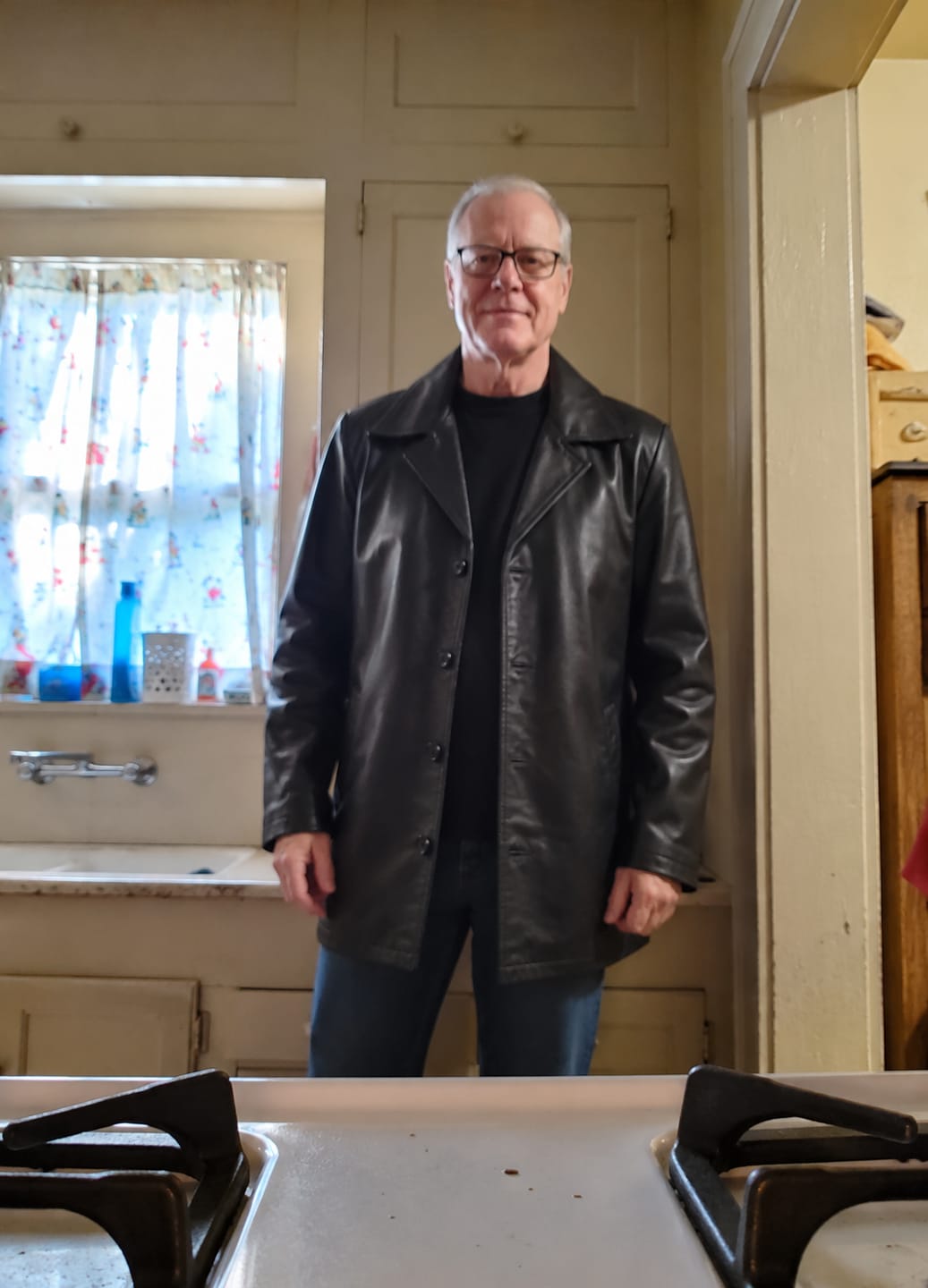 Customer photo review of Grandeur Black Leather Pea Coat For Men